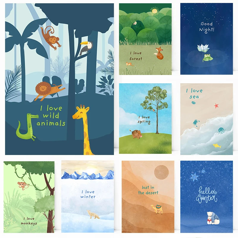 

Милые иллюстрации животных и природы, постеры в акварельном стиле, принты на холсте, настенные картины, современный декор для дома и комнаты