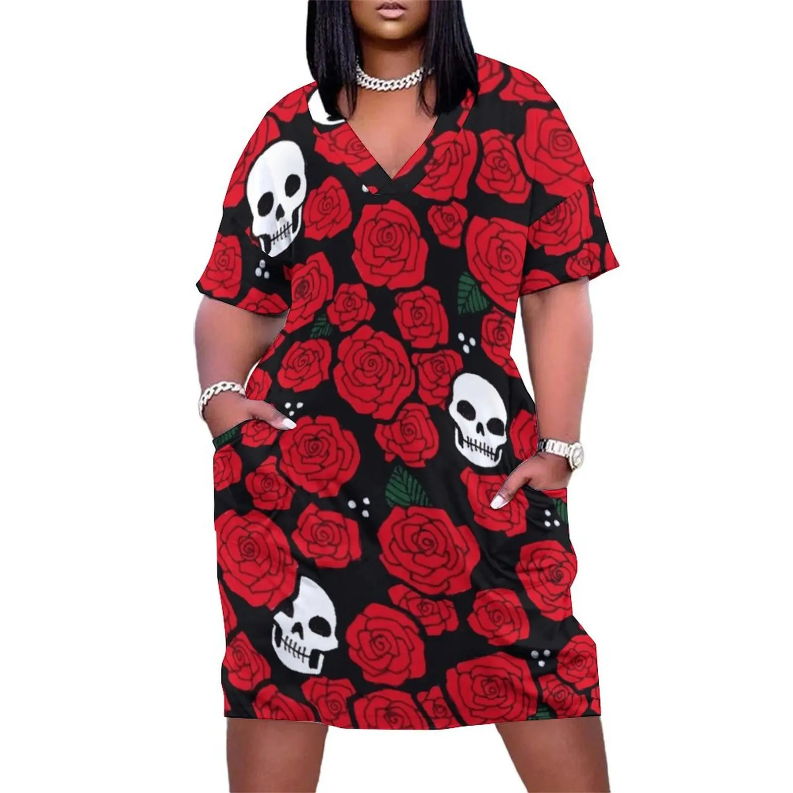 

Skulls and Roses Pattern Loose Pocket Dress party dress women elegant luxury chic and elegant evening dress