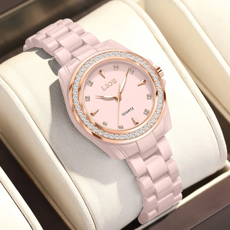LIGE الفاخرة الوردي امرأة ساعة مقاوم للماء موضة كوارتز السيدات ساعة اليد الماس الهاتفي كامل السيراميك المرأة الساعات Relojs + صندوق #1