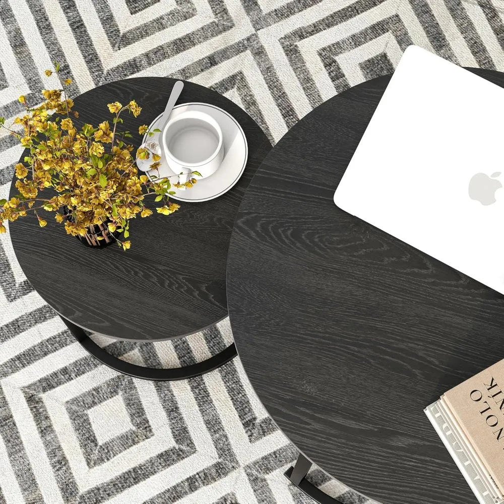 Modern Black Nesting Coffee Tables Set of 2, Round End Tables for Living Room, Farmhouse Style Wood Side Tables