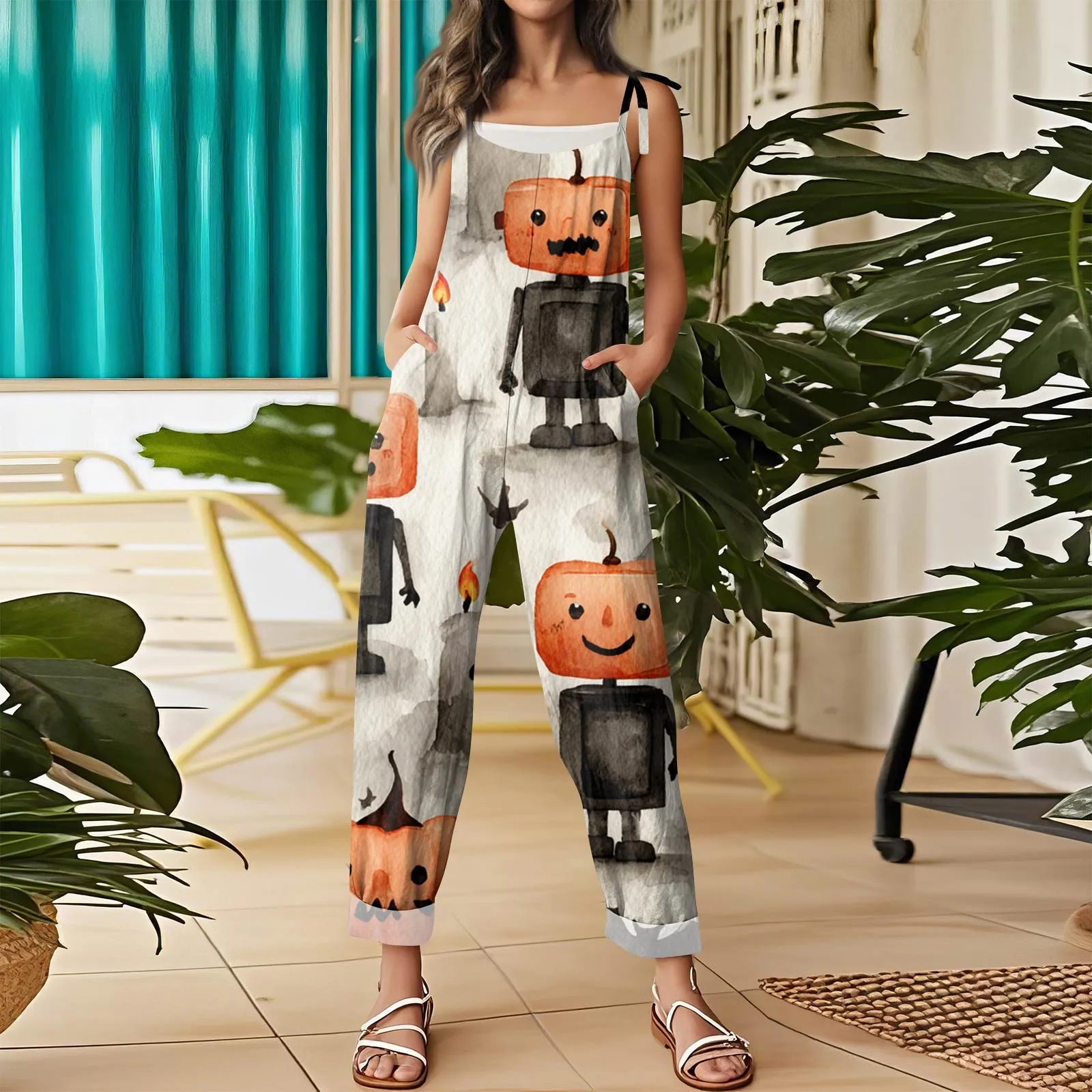 بذلة نسائية للهالوين ملابس مطبوعة برسوم كارتونية كبيرة على شكل رأس اليقطين كاجوال فضفاضة من القطن والكتان مع جيوب