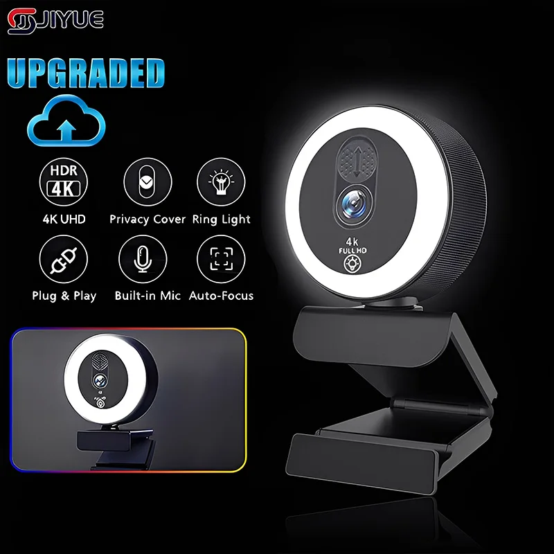 4k Webcam With Fill Light, 2k/1080p Autofocus USB Camera With Microphone, Rotatable Webcam For Streaming, Video Conferencing