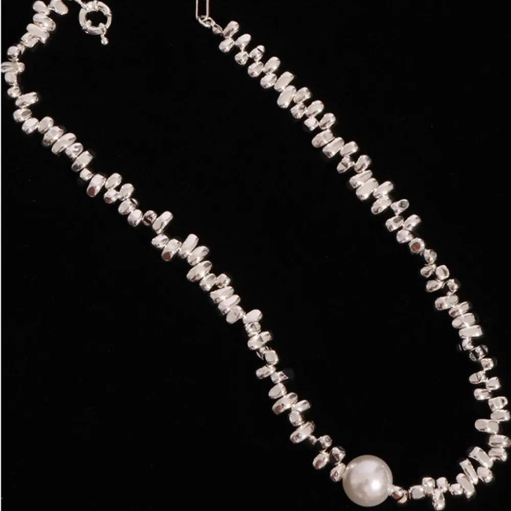 Vintage Silver-plate Geometric Irregular Metal Chain Artificial Pearl Necklace For Women Female Fashion Boho Girl Choker Jewelry