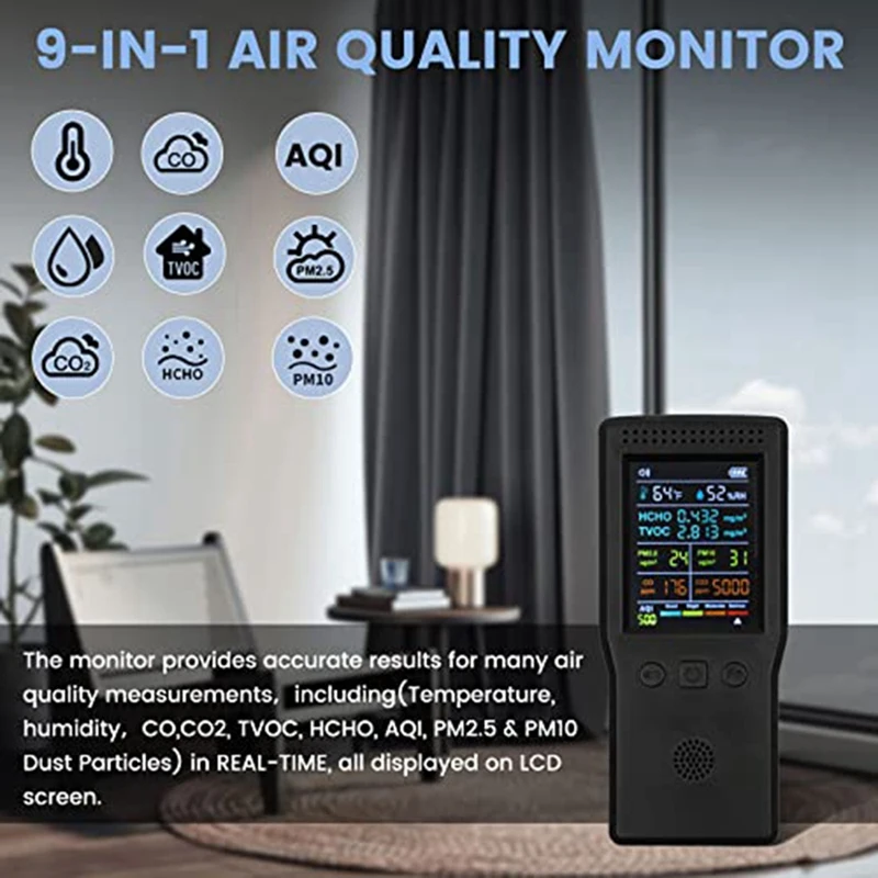 Air Quality Monitor 9 In 1,Formaldehyde Detector Indoor, Temperature & Humidity CO2 Meter, ,Detect PM2.5Monitor