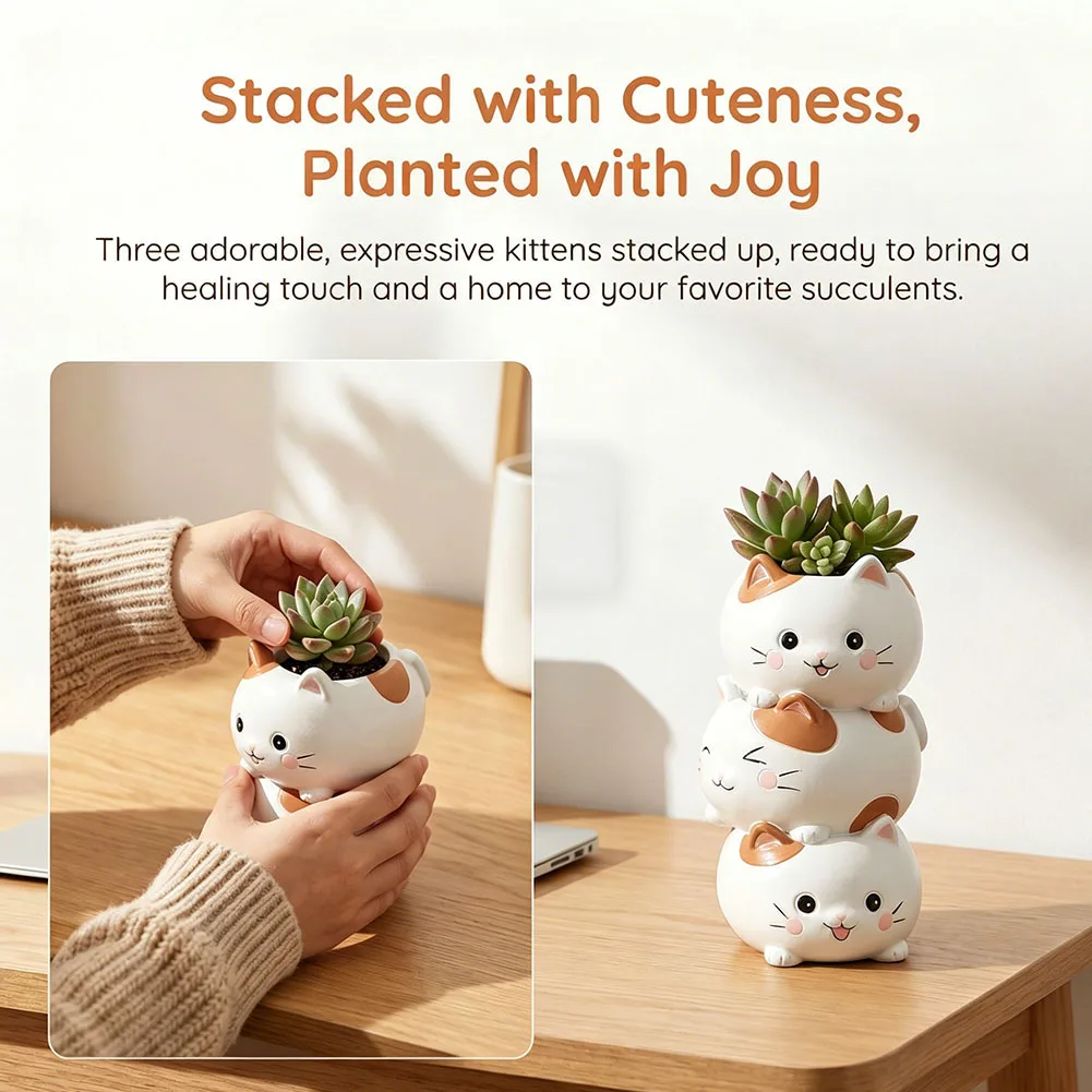 3-Tier Resin For Cat Flower Pot for Succulents Cacti Air Plants Multicolored 10cm Lightweight for kawaii Style Desk Shelf Decor