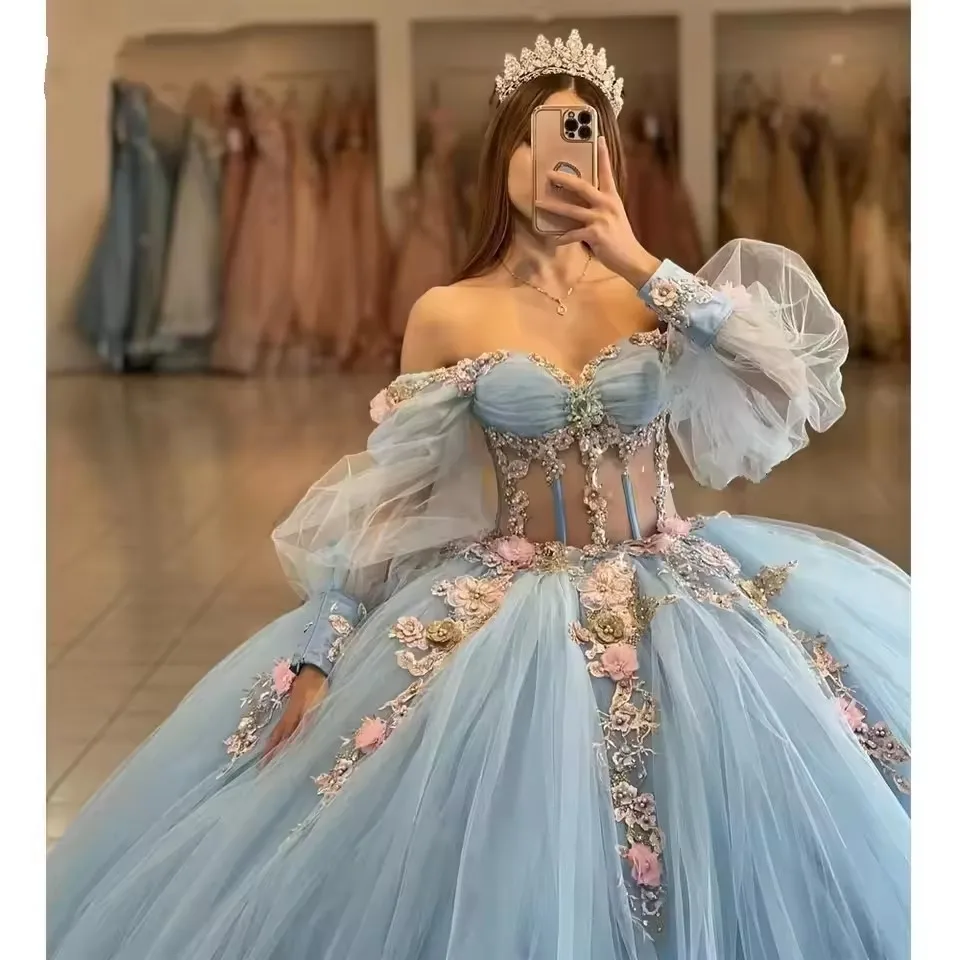 Bomaris Light Blue Ball Gown Quinceanera Dresses Long Sleeves Vestidos De 15 Anos Lace 16th Birthday Princess Party Customized