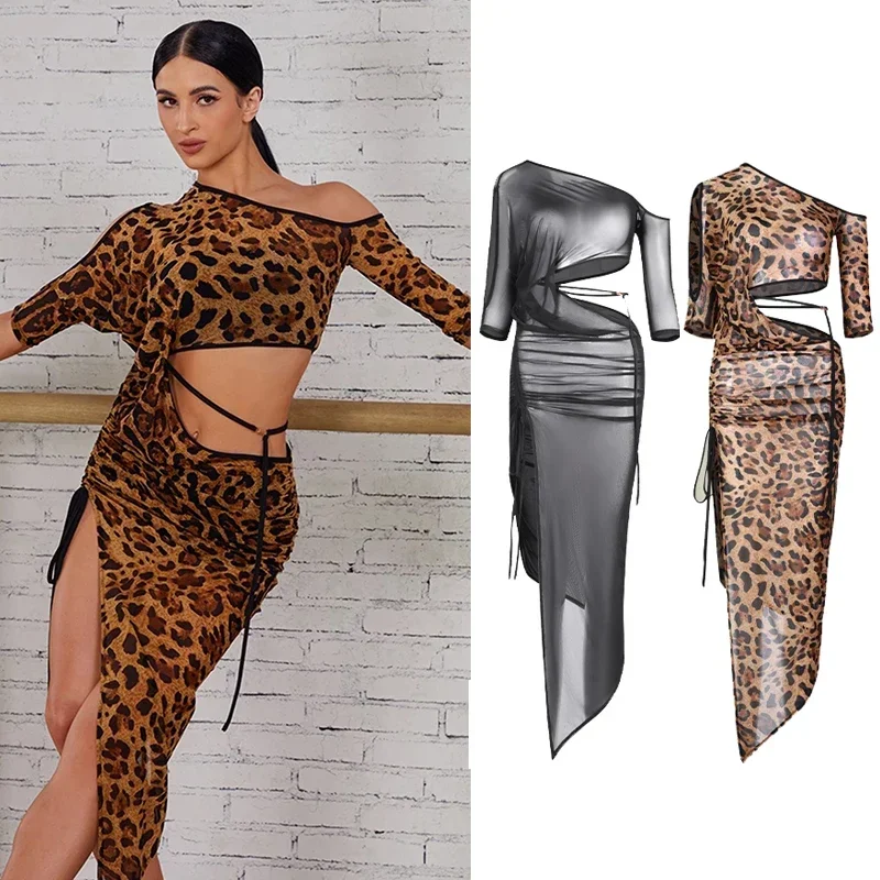 

ZYM Sexy Mesh Latin Dance Dress Women Short Sleeves Irregular Leopard Black Dress Adult Performance Clothes Rumba Dress DNV19720