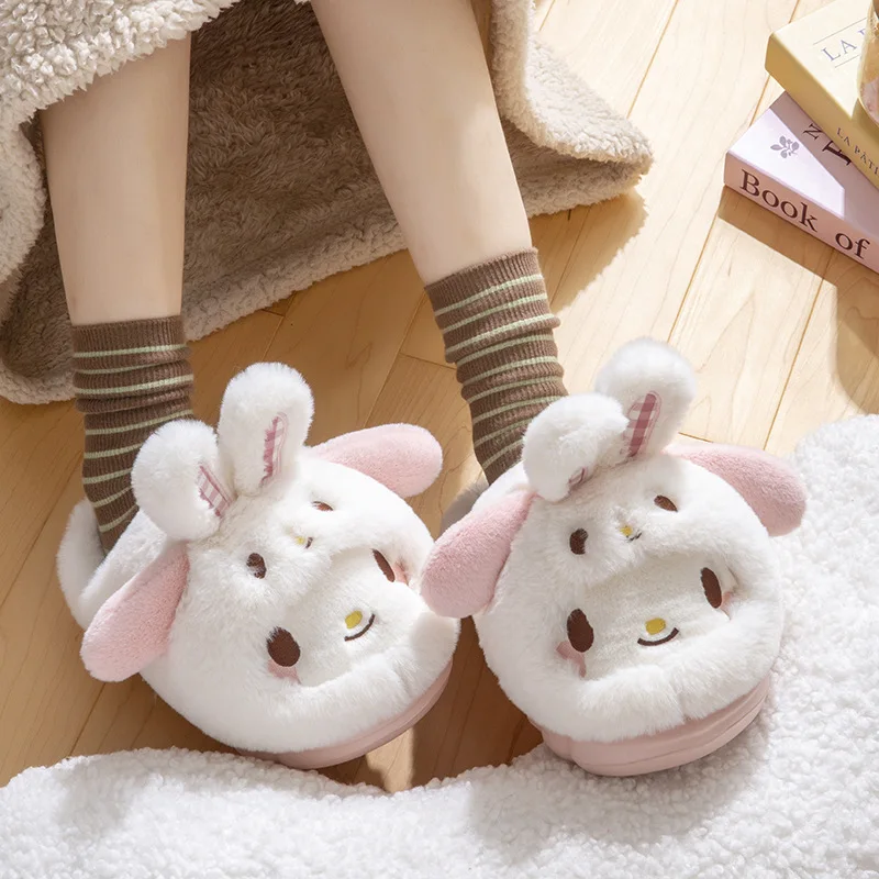 Cartoon Hello Kitty Women's Plush Slippers Warm New Cinnamoroll Pompompurin Kuromi Sanrioed Anime Winter Thicken Home Slippers view 2