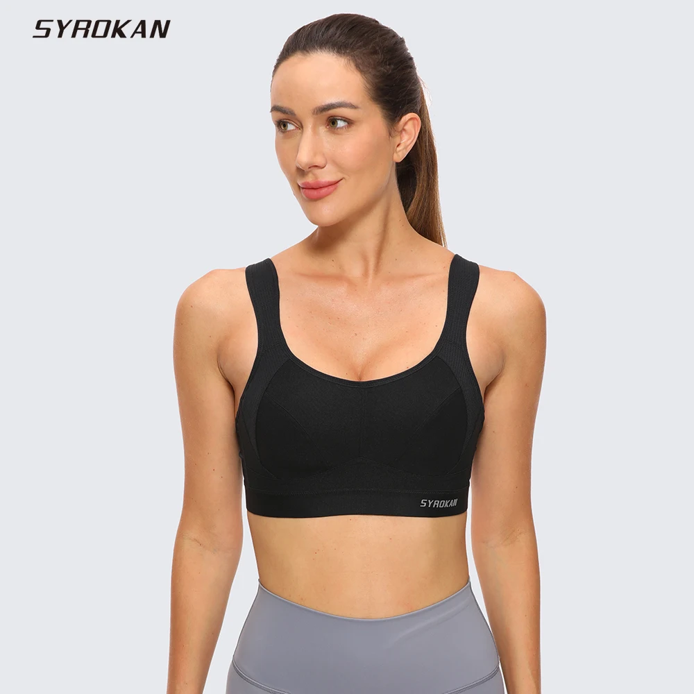 SYROKAN Women\'s Sports Bra Criss Cross High Impact Adjustable Straps Wireless Non Padded Bounce Control Workout Bras