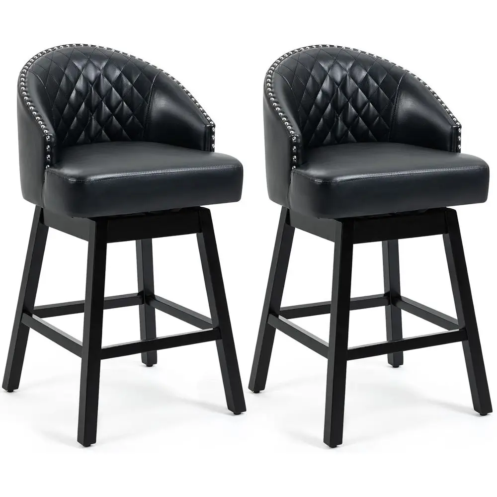 

Пара из 2-х высоких вращающихся барных стульев с высокой спинкой, на ножках из каучукового дерева, с обивкой из черной искусственной кожи, для кухни, столовой, паба.