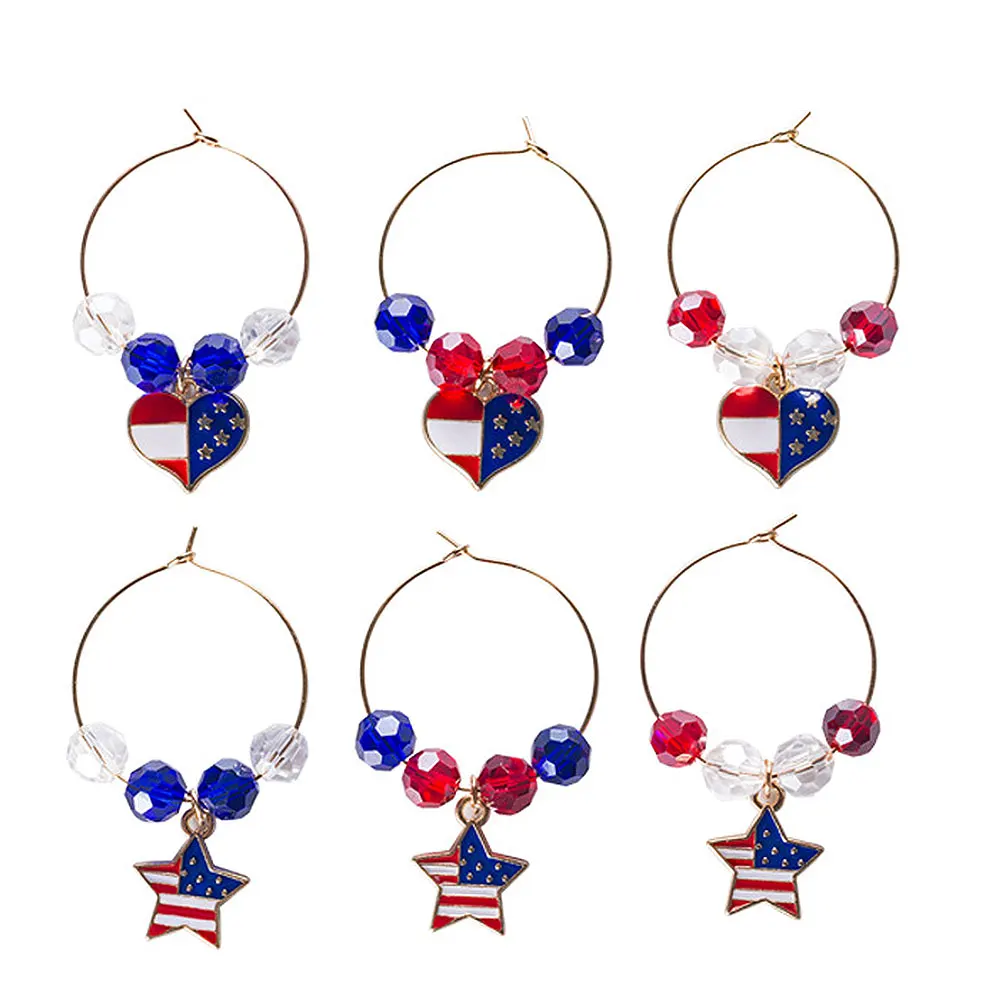 

6 Pcs Glass Ring Tags American Flag Pendant for Party Family Gathering Red White Blue Charm Identifying Label