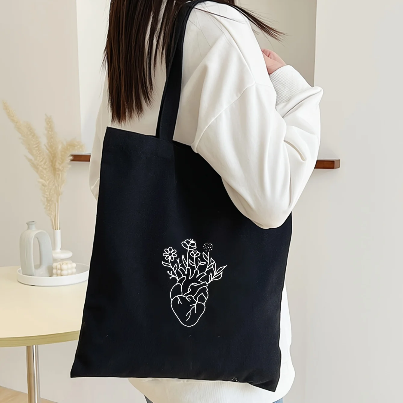 

Стильная холщовая большая сумка с принтом сердца и цветов, дорожная сумка на плечо для путешествий, покупок, винтажная женская большая сумка