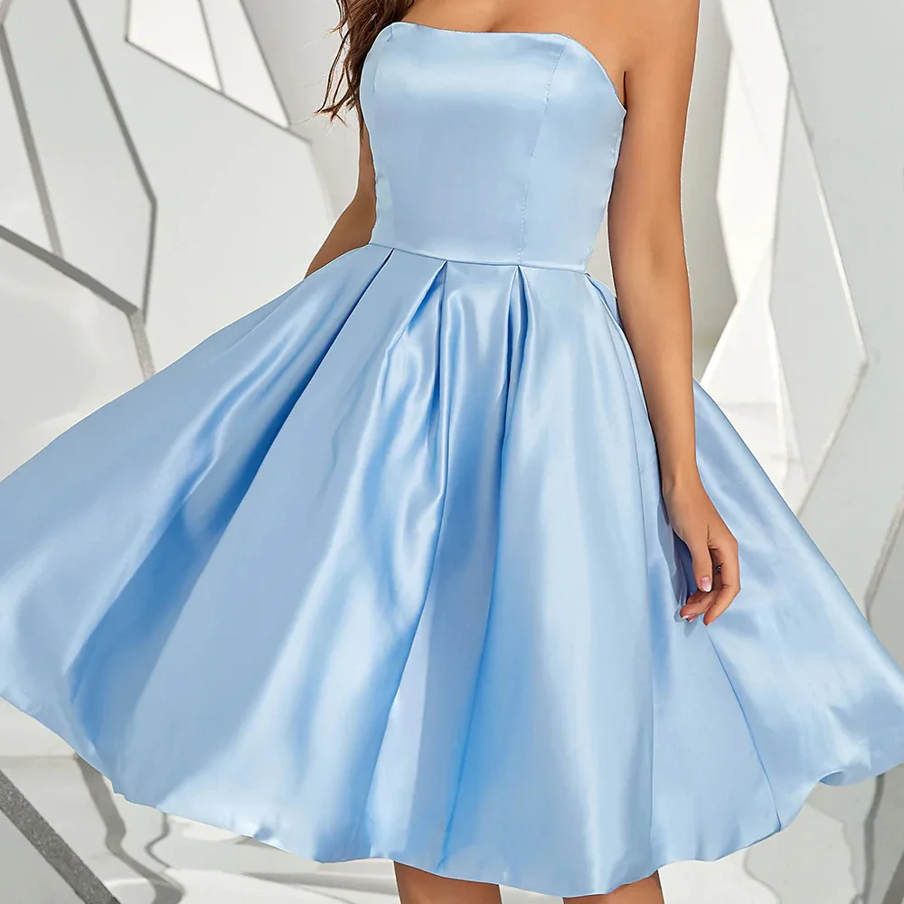 Strapless curto vestidos de baile de formatura simples a linha de cetim na altura do joelho vestidos de festa de aniversário plissado sem costas vestidos de cocktail para mulher 2022