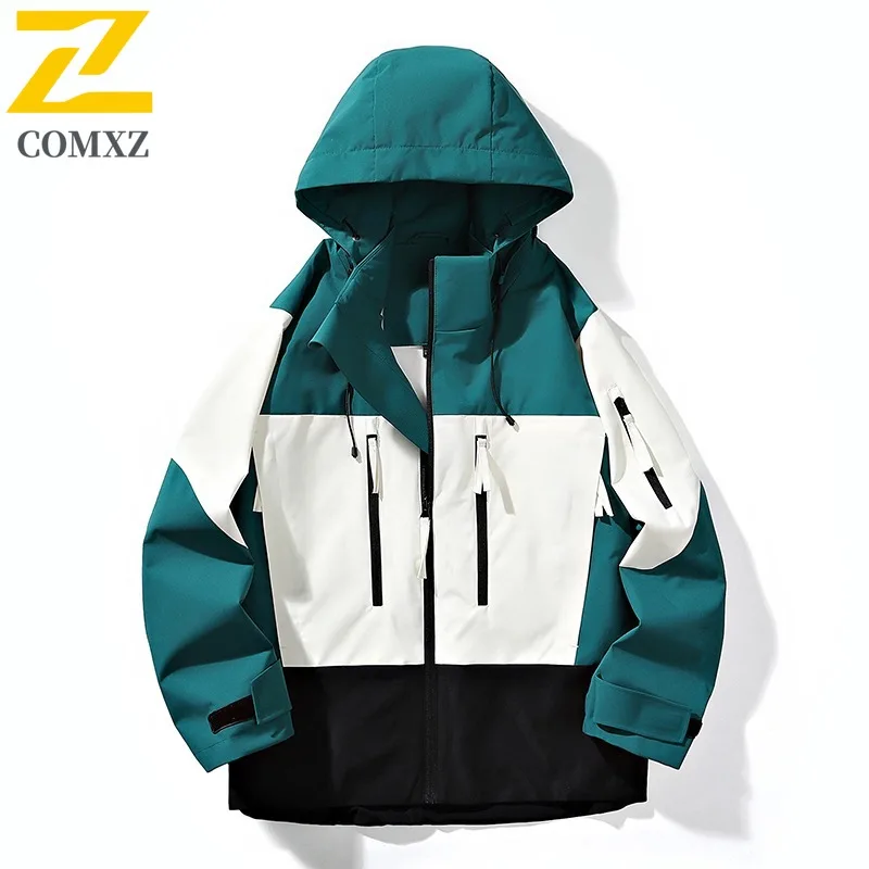 

COMXZ Men Hooded Jacket Loose Outdoor Waterproof Adventure Camping Climbing Outerwear Color Blocking Hunting Windbreaker Jacket