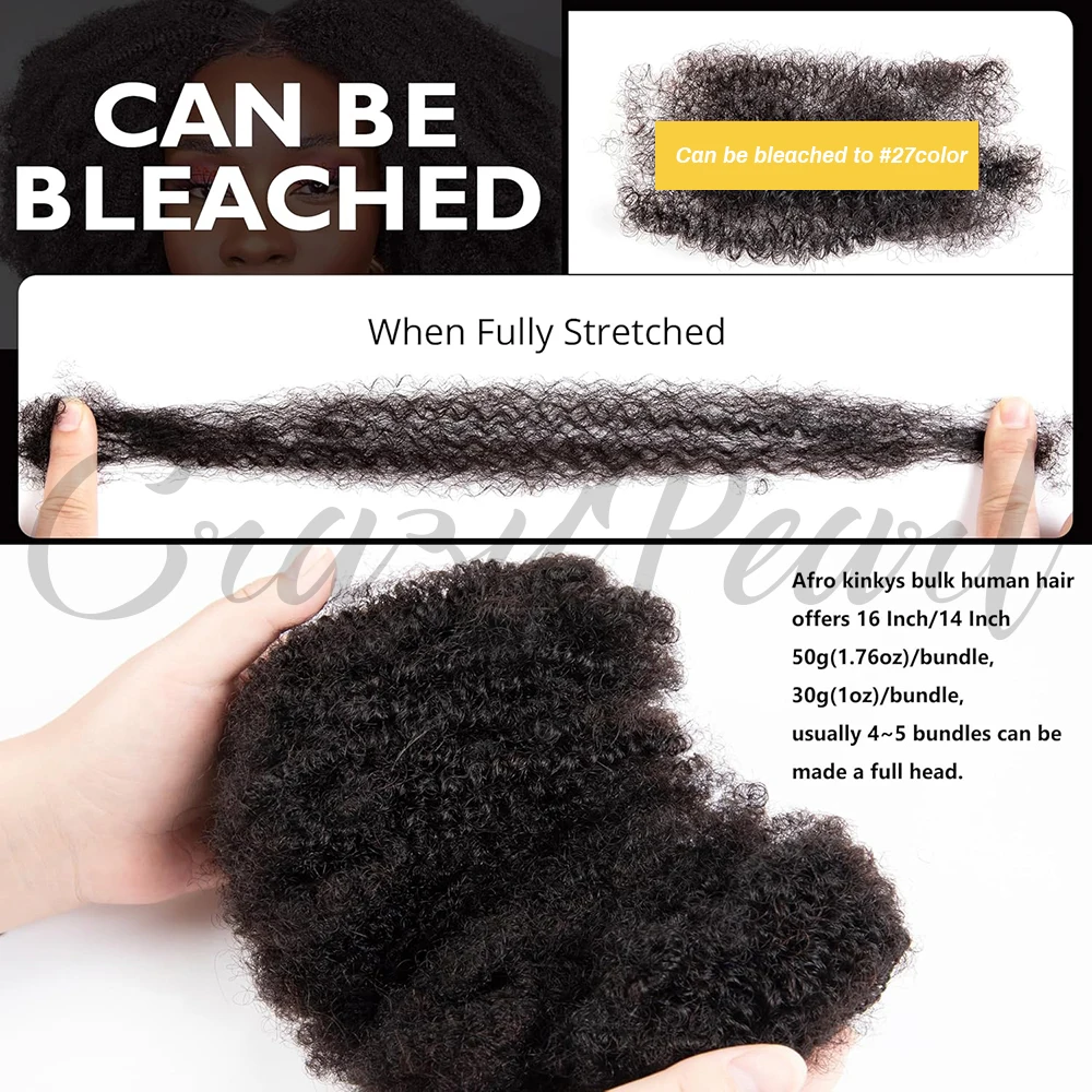 CrazyPearl Cabelo Humano Afro Kinky em Massa para Extensão de Dreadlocks, Reparo de Locs, Tranças e Penteados Afro Kinky Naturais