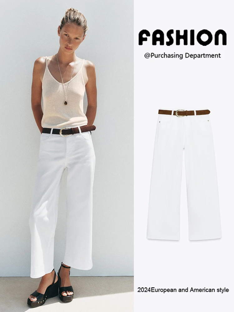 

Fall New Arrival Women's High Waist Wide Leg Jeans Belted Slimming White Denim Pants Versatile Faionable Ladies' Apparel