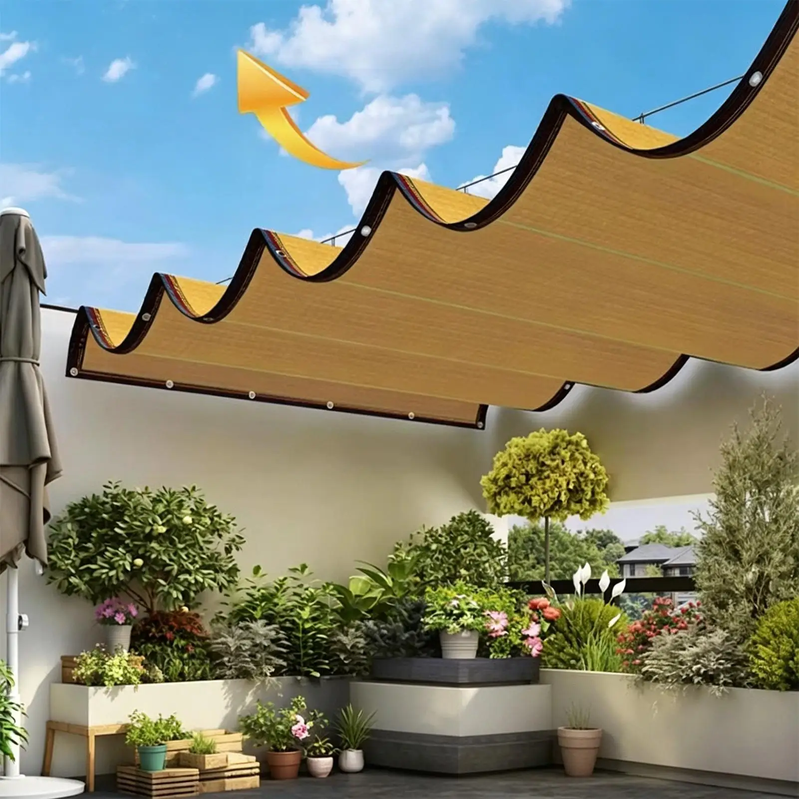 3/4/5/6 meter wide beige sunshade awning UV Blocker Sun Shade Sail Netting Sun Shade Sail Heavy Duty Heat Insulation Mesh Tarp