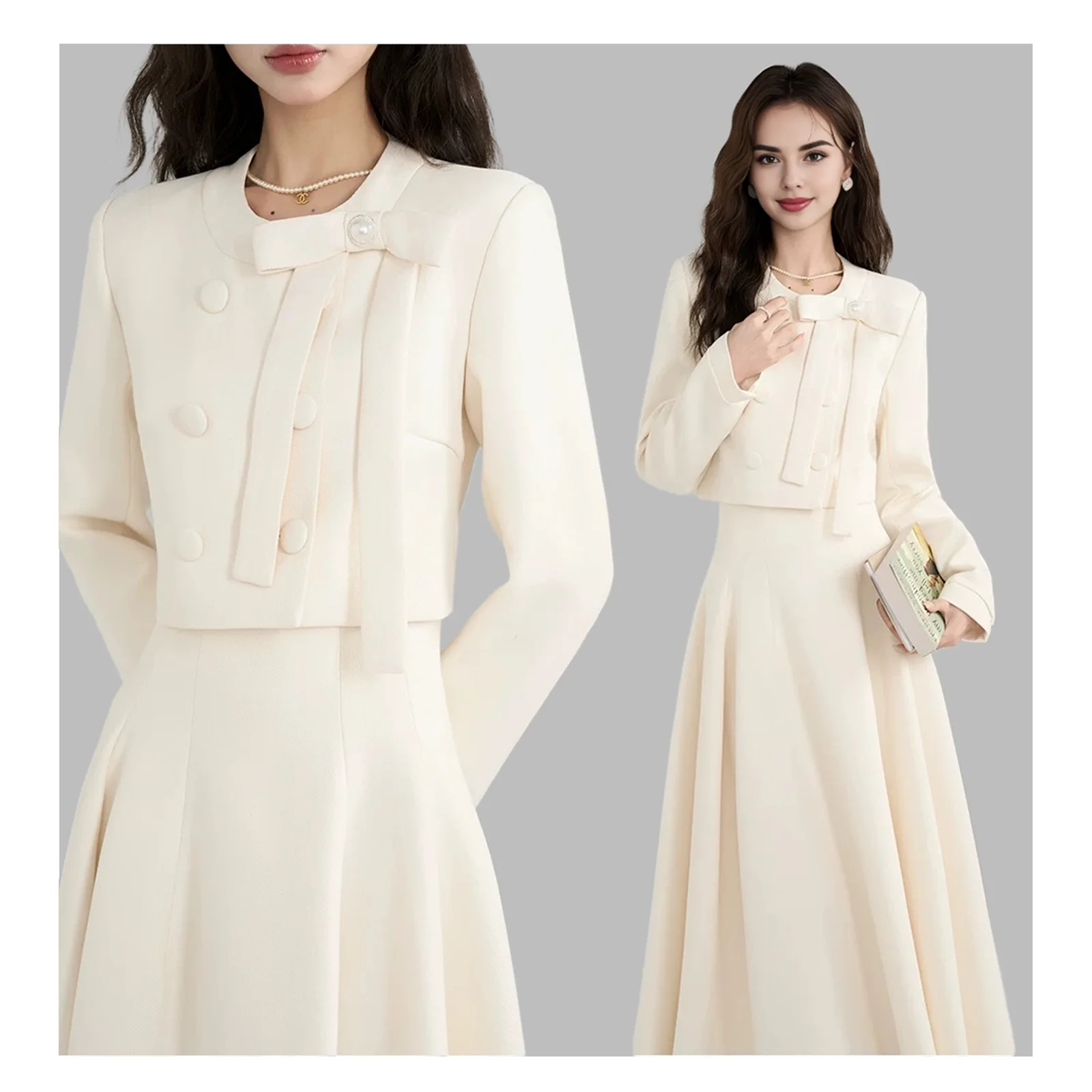 Autumn Women Elegant Office Wear 2 Piece Sets Korean Fashion Off White Dresses Evening Party Outfits Old Money Style Clothes