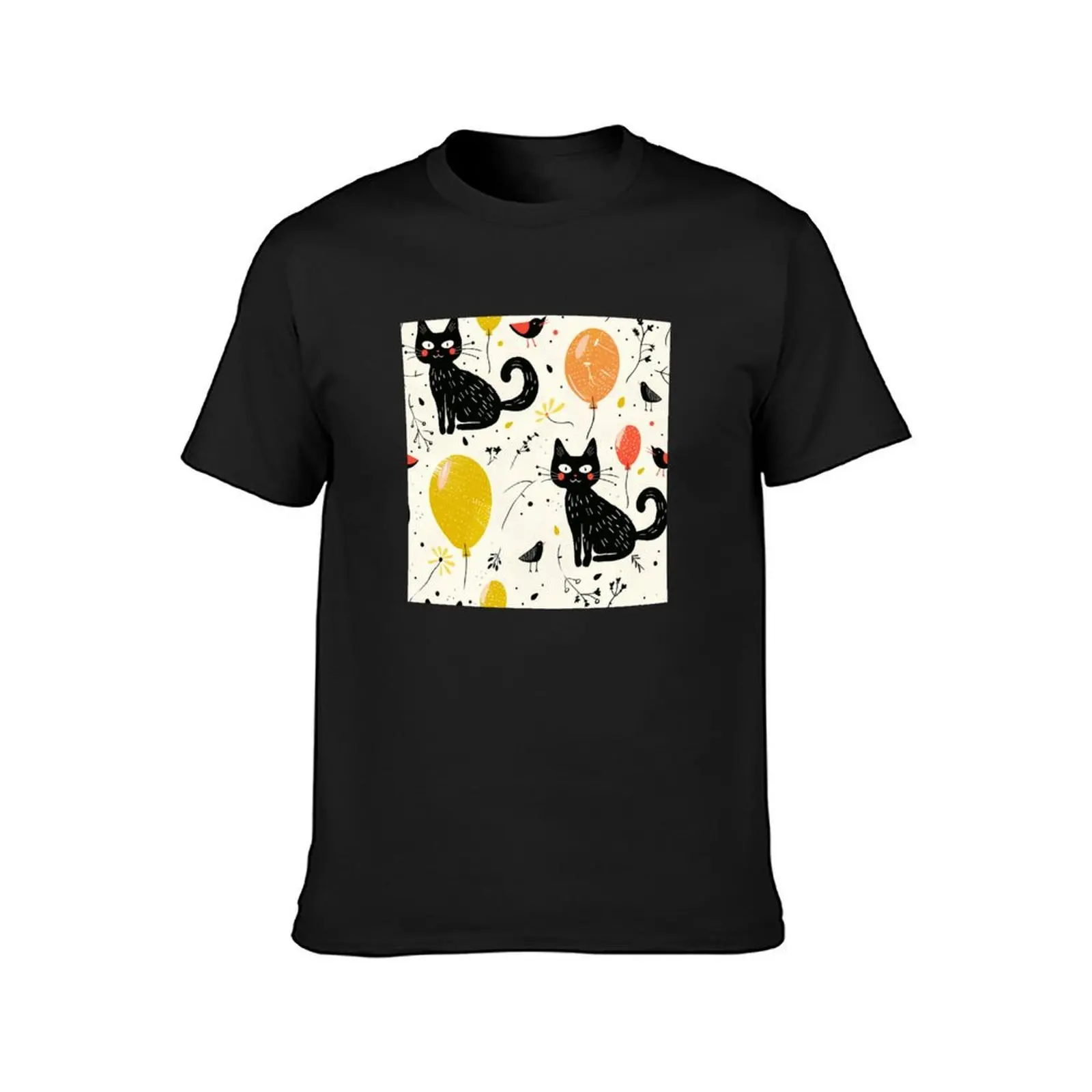 Cat and balloon Pattern, repeat pattern, black cat pattern, fish, water, wave, T-Shirt summer top vintage mens cotton t shirts