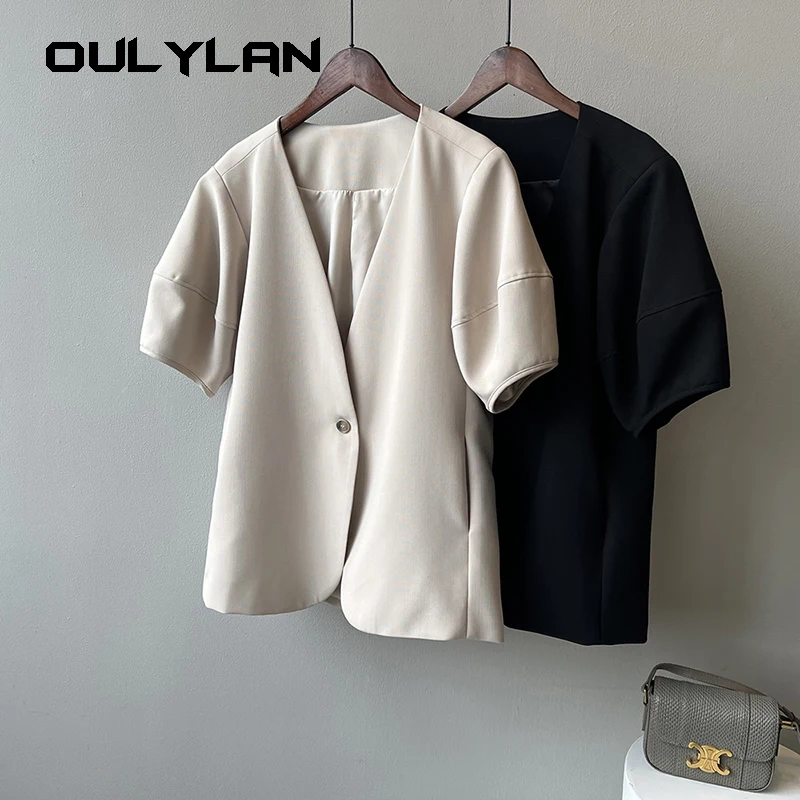 Women Solid Blazer 2024 Autumn Fashion Long Sleeve Outerwear Casual Loose Lapel Collar Coat Vintage Pocket Thin Jackets