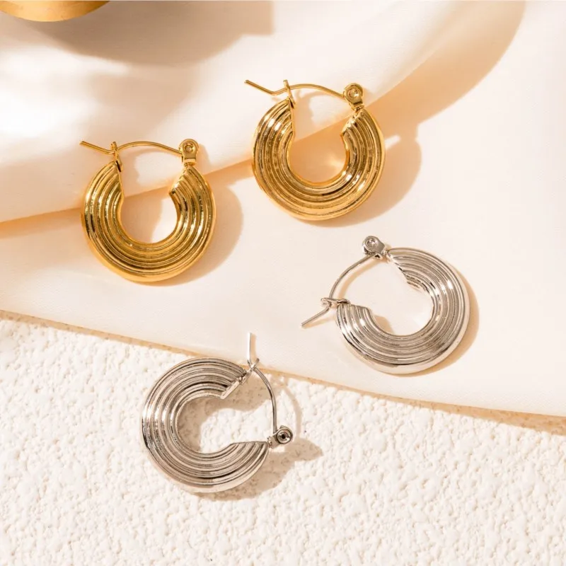 ANENJERY 316L Stainless Steel Circular Striped folds Earrings for Women Fashion Personality Niche Jewelry Gifts Wholesale