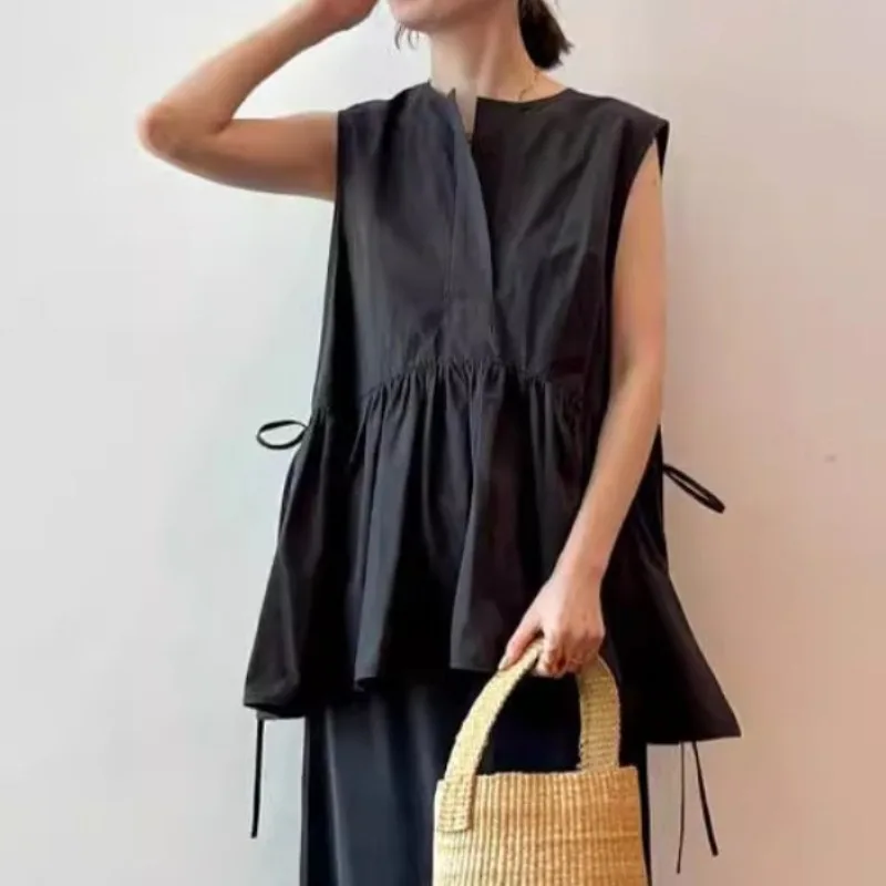 Pleated Ruffles Hem Shirts & Blouses 2024 Woman Blusas O-neck Sleeveless Ropa Mujer Japan Casual Camisas Summer New Roupas