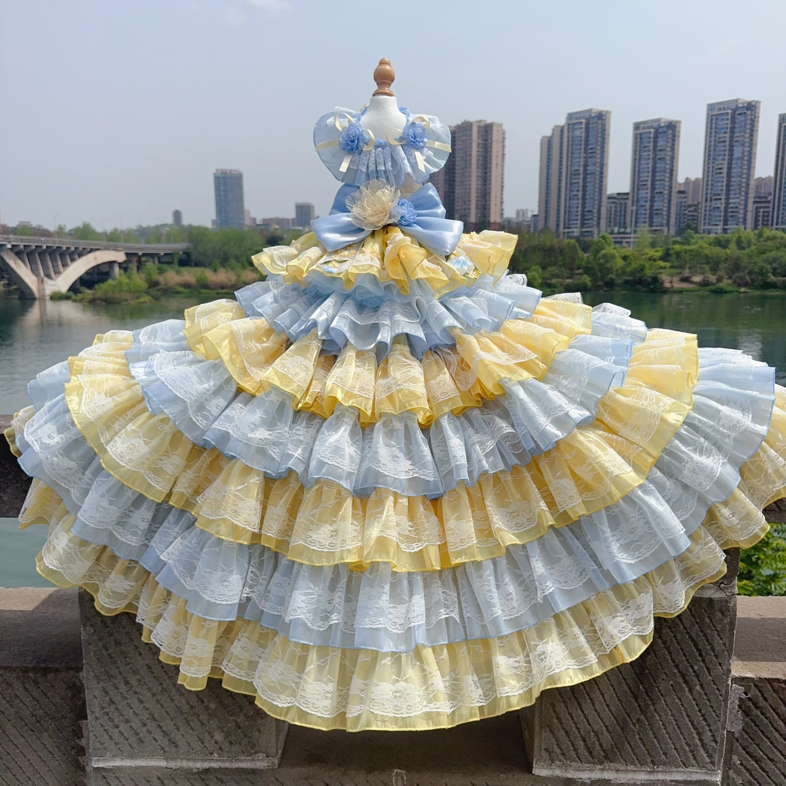 

New Yellow Blue Pet Dog Clothes Luxury Handmade Embroidery Print Long Tail Photography Princess Dress For Small Medium Dog XS-XL