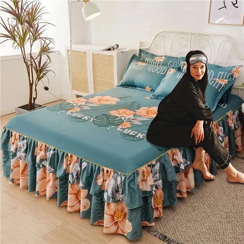 Double Layer Ruffled Bedroom Solid/Flower Pattern Cotton Bed Skirt Coverlets Elastic Tight Dust Cover Bedding