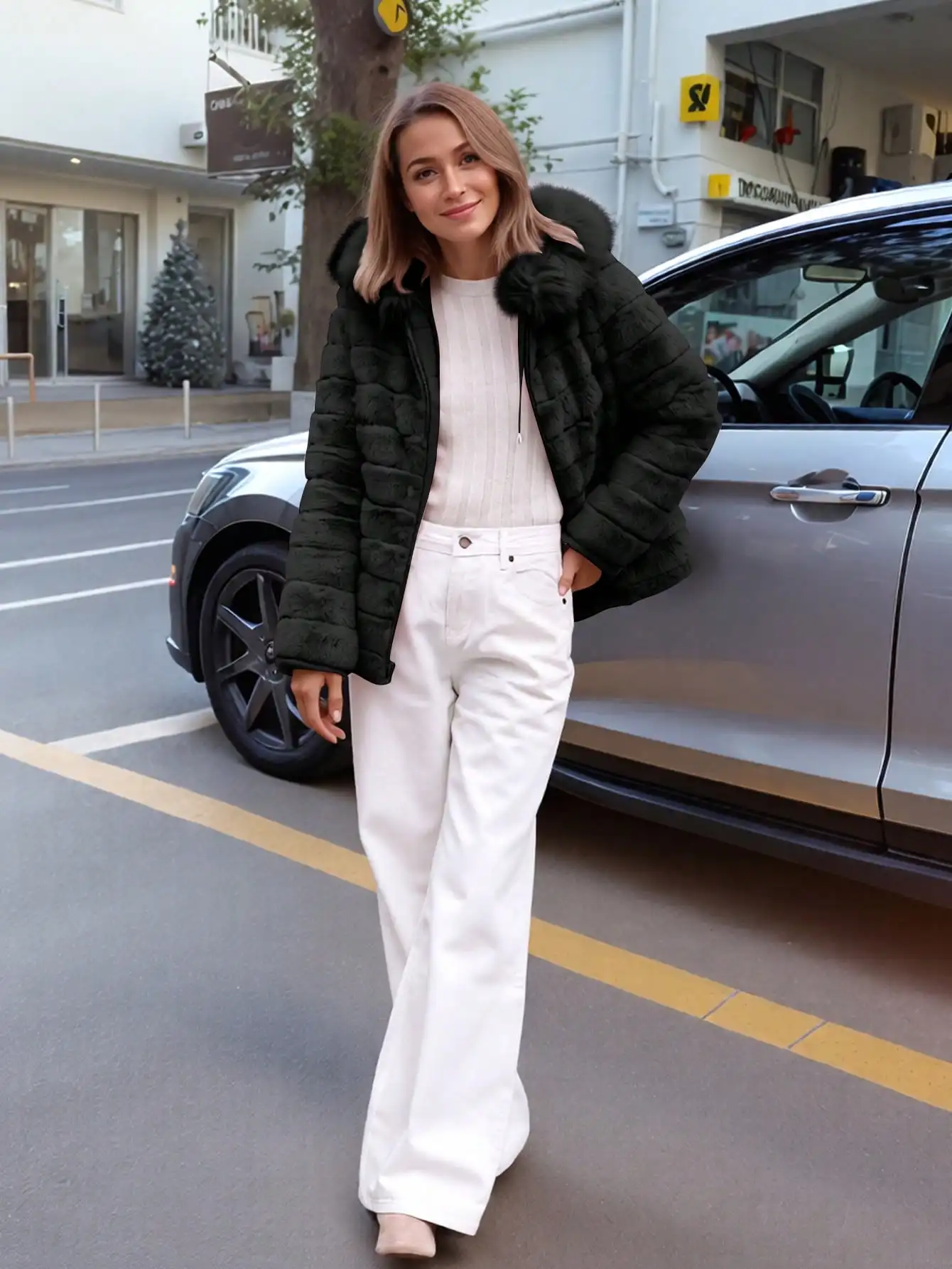 

Элегантный и модный: двусторонний женский пуховик из искусственного меха и уютная шапка для осенних и зимних сезонов