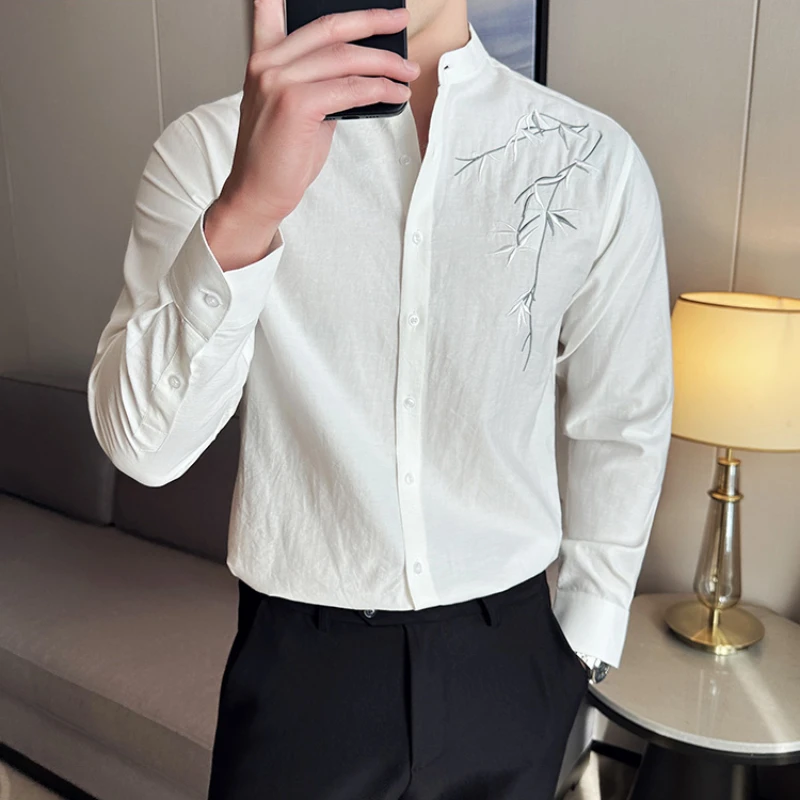 Chinese Style Standing Collar Embroidered Shirt Men\'s Linen Cotton Long Sleeved Shirt Slim Fit Casual Business Dress Shirts 2024