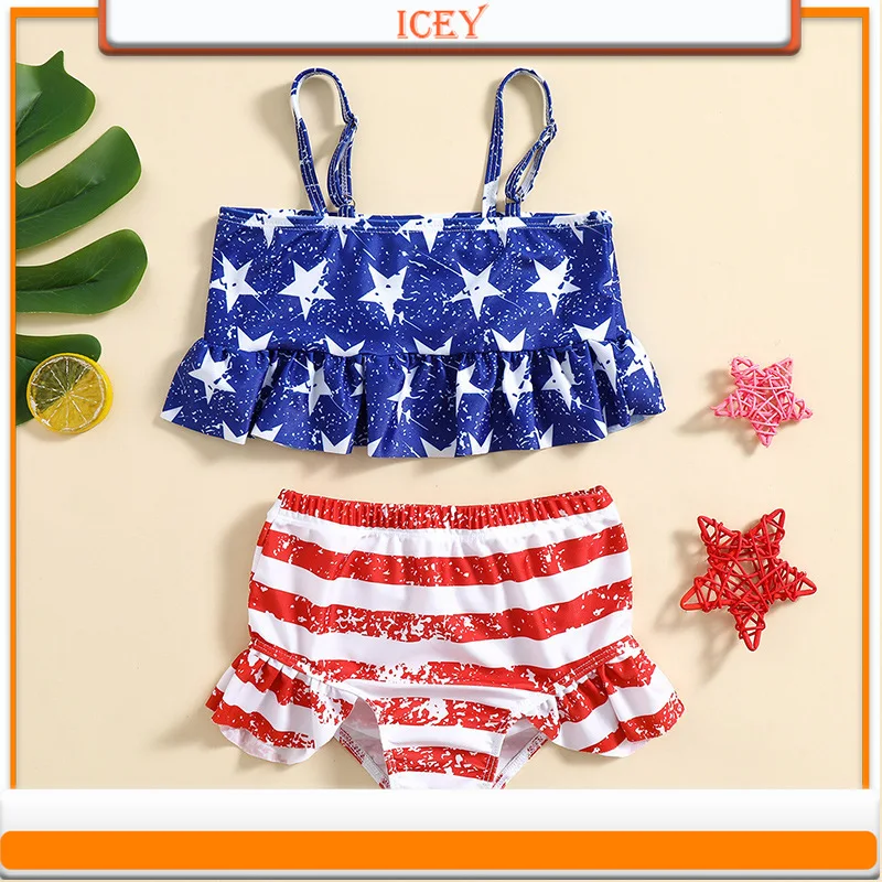 Blue Star Print Children's Swimsuit Festive Girls Swimming Split 2 Piece Swimsuit Hot Spring Beach Tour