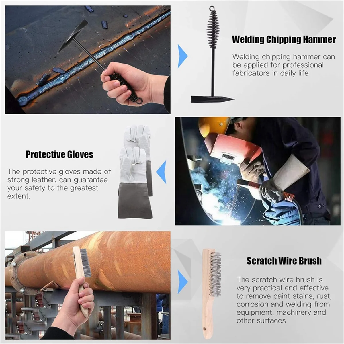 

X59A_5Pcs Welding Slag Removal Tool Set:Welding Chipping Hammer with Coil Spring Handle,Wire Brush and Welding Plier, Gloves