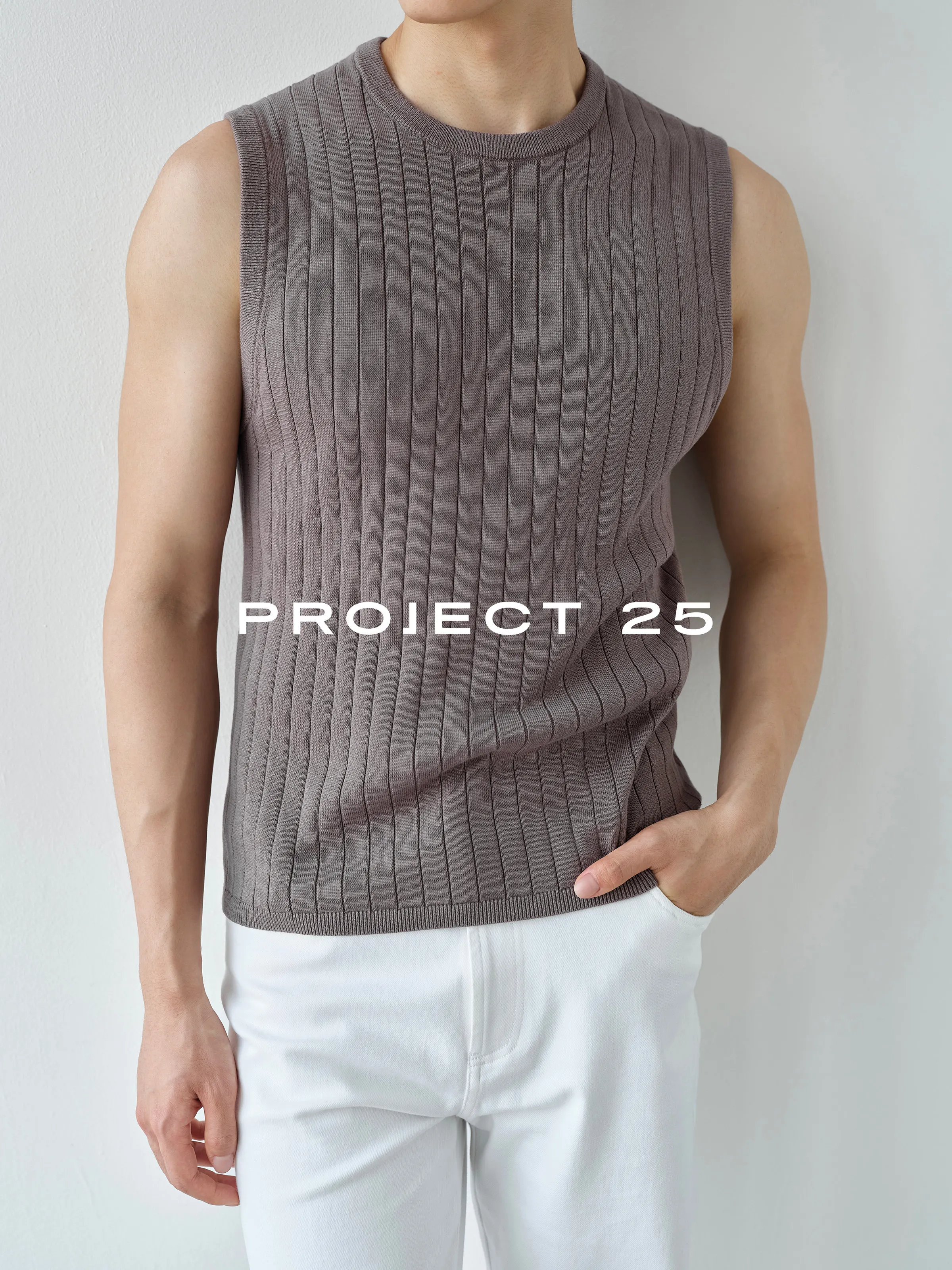 PROJECT 25Men Summer Double Yarn Cotton Vertical Rib Knit Vest Minimalist Sleeveless Tank Top Casual