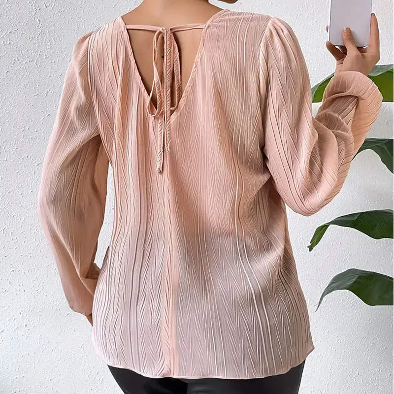 Y.KUKU Chiffon Shirts Women T-shirt Tops Spring Summer Long Sleeve O-neck Casual Ruched Slim Fit Pink Female Clothing 2024