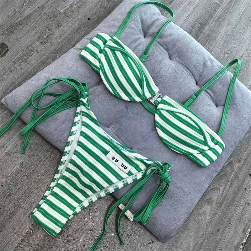2025 Women Lacing Beach Bikini Summer Vacation Swimwear Sexy Backless Sling Bra Low Waist Briefs Swimsuit Casual Bathing Suit