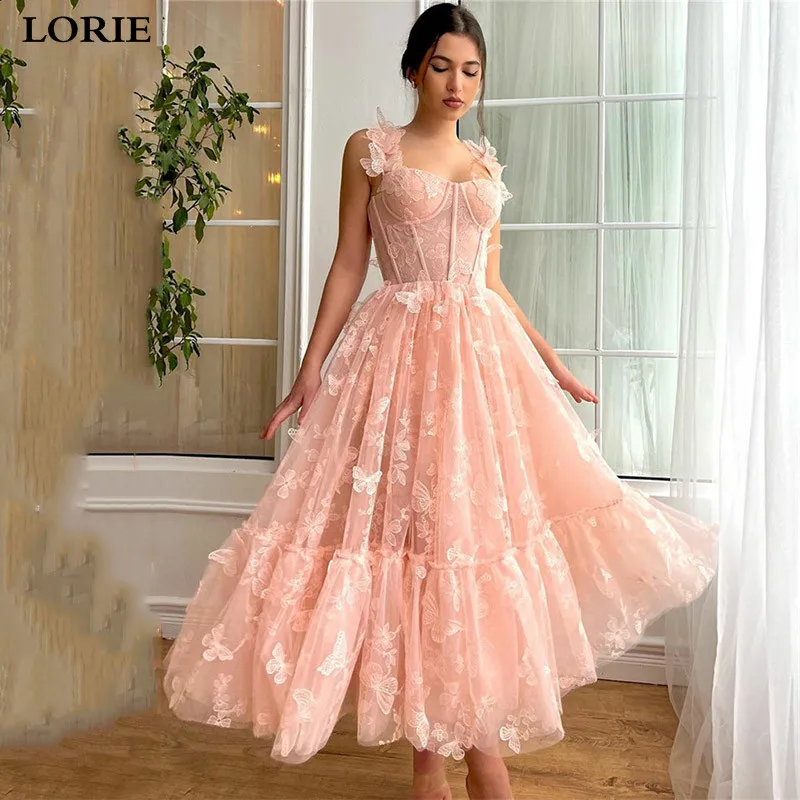 

LORIE Blush Pink Prom Dresses A Line Ankle Length Floral 3D Butterfly Lace Prom Party Gowns 2023