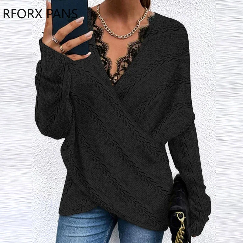 Women Solid Criss Cross Wrap V Neck Lace Patchwork Long Sleeves Loose Fit Knitting Blouses Tops