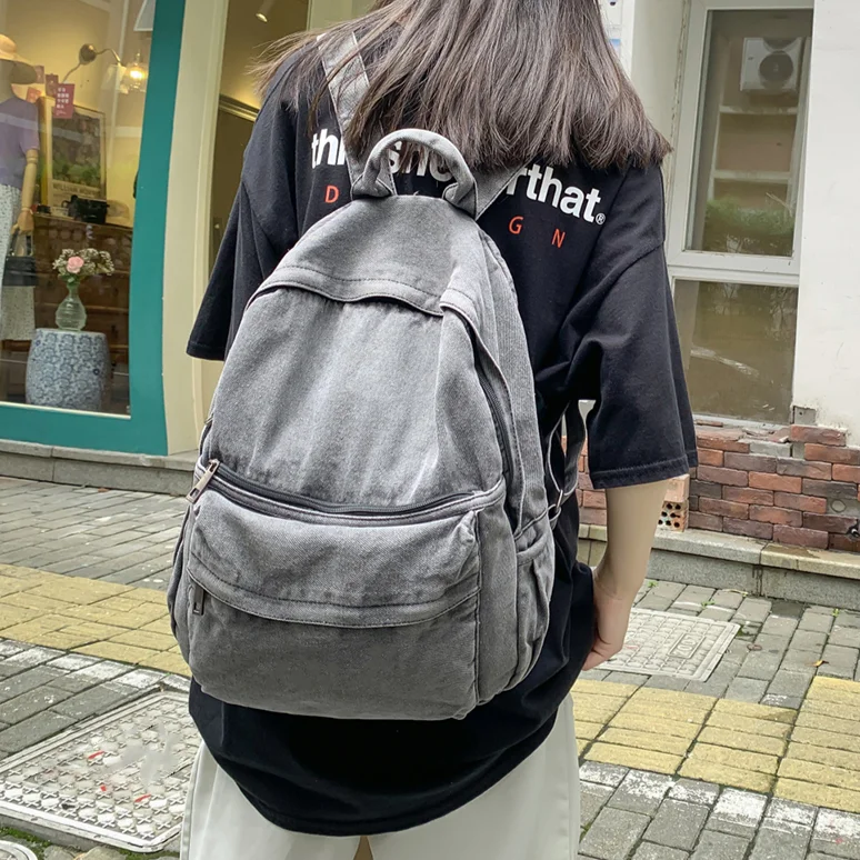 Denim Retro Students Backpack Fashion Solid Outdoor Hiking Backbag Vintage Cowboy Rucksack Large Capacity Zipper Student Bookbag