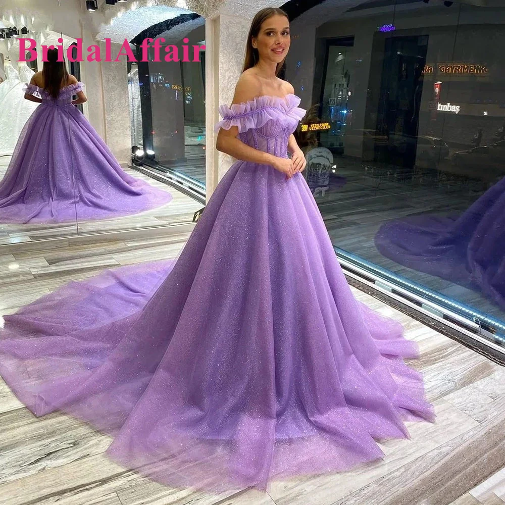 

Sparkly Lavender Prom Dresses Tulle Off The Shoulder Lace Up Back Sweep Train Formal Women Party Evening Gown Cocktail Dress