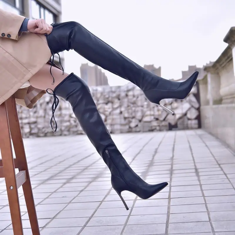 Women Autumn Winter Over The Knee High Boots Sexy Thin Pointed Toe Thigh Woman Shoes Mid Heels Long Pipe Pumps Off White Female