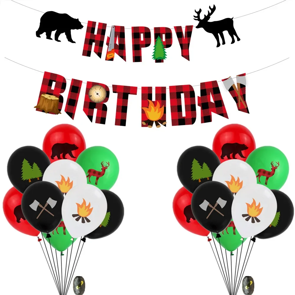 Lumberjack Happy Birthday Banner Forest Animals Timber Buffalo Plaid Balloons for Lumberjack Birthday Party Decorations