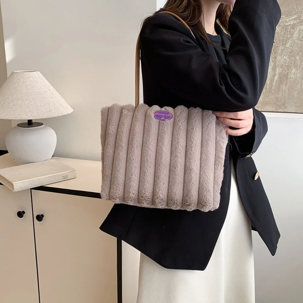 

Casual Stripe Furry Tote Bag Portable Soft Shoulder Bag Magnetic Button Large Capacity Commuting Handbag Winter