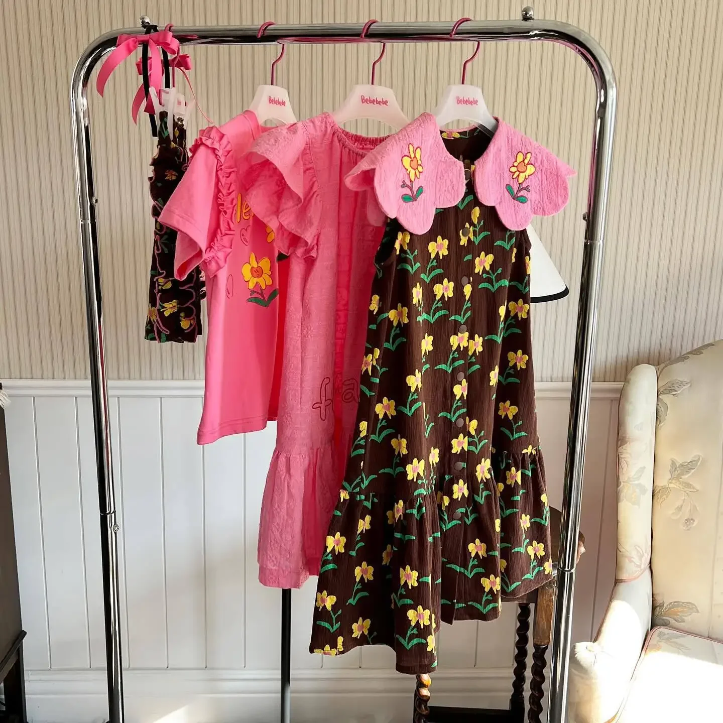 

spot BEBEBEBE 2025 Summer Little Flower Girl Dress Set Pink cute print t-shirt shorts kids clothes girls kids boutique clothes