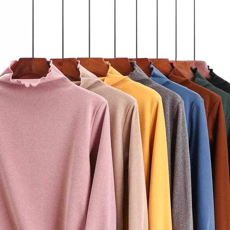 Warm Fleece Lined Long Sleeve High Collar T-Shirt Women's Autumn Winter Base Shirt Korean Style Cotton  Color Commute Fa...