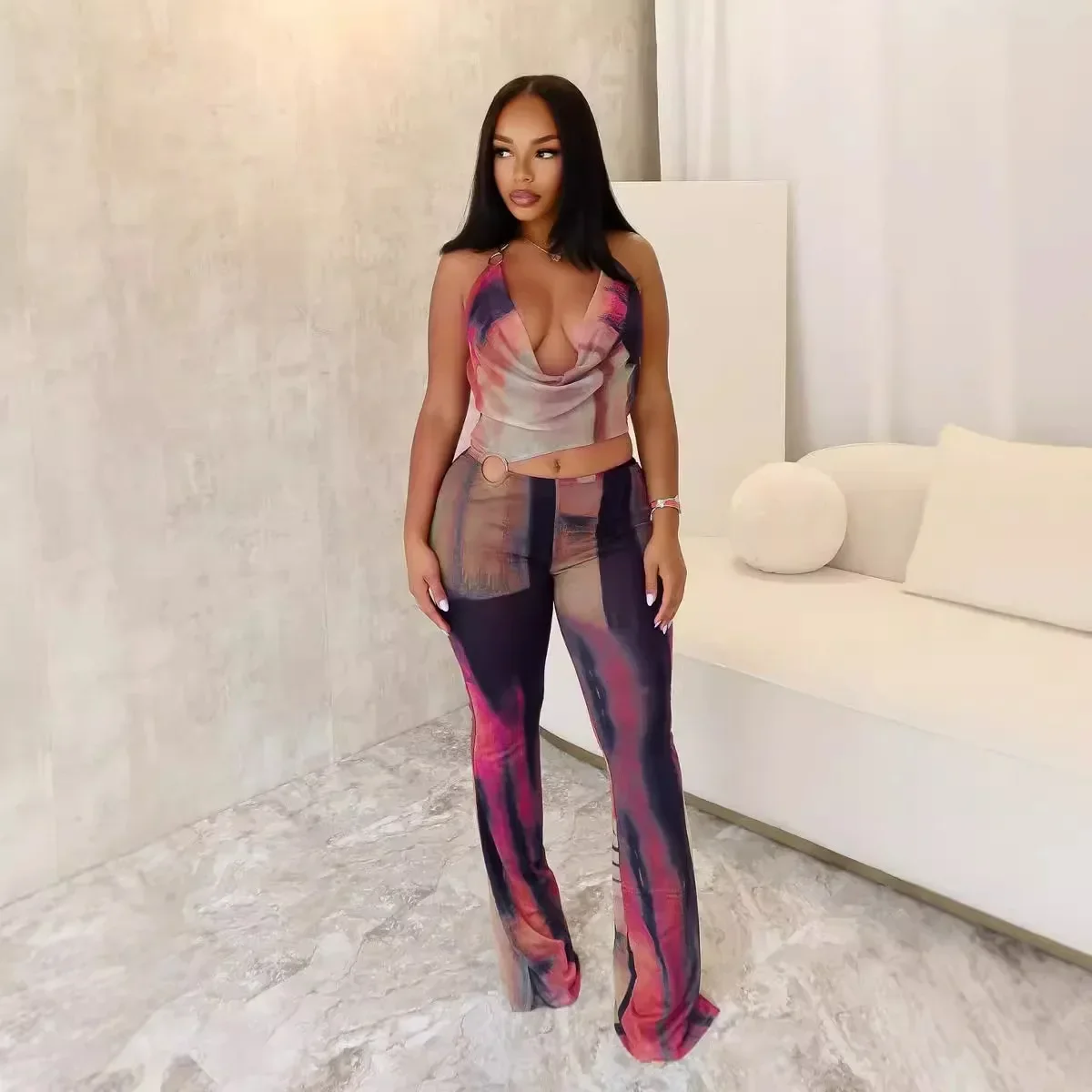 Women Halter Sleeveless Tie Dye Print Wide Leg Jumpsuit Summer Backless Fashion Sexy Party Outfits One Piece Rompers