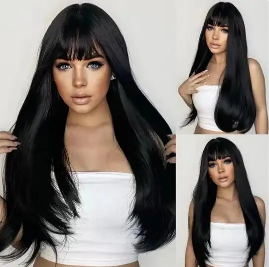 

New selling wig female black long hair with bangs shaggy face wig synthetic fiber high temperature silk mechanism head cover