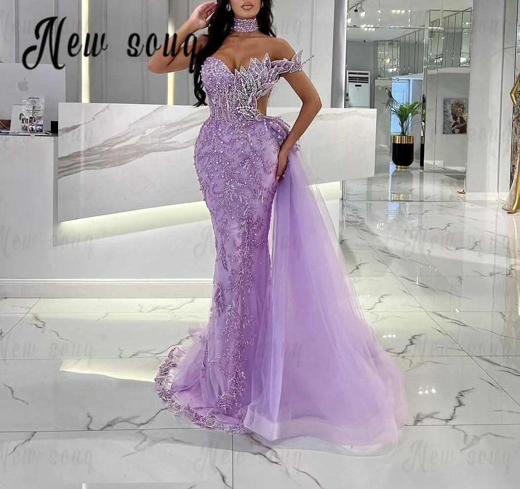 Off Shoulder Lavender Leaf Design Evening Dresses Long Mermaid Wedding Guest Gowns Side Train Formal Party Gowns Arabic Robes