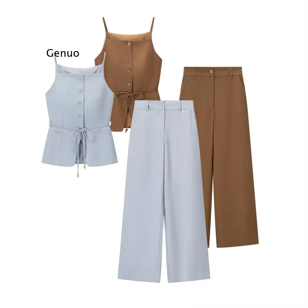 Women's European Style New Fashion Beaded Belt Tank Top & High Waist Straight Leg Pants 2 Piece Outfits