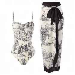 Strppy Swimsuit One Piece With Beach Dress 2026 Push Up Printed Swimwear Women Beachwear Bathers Swimming Bathing Swim Suit XL