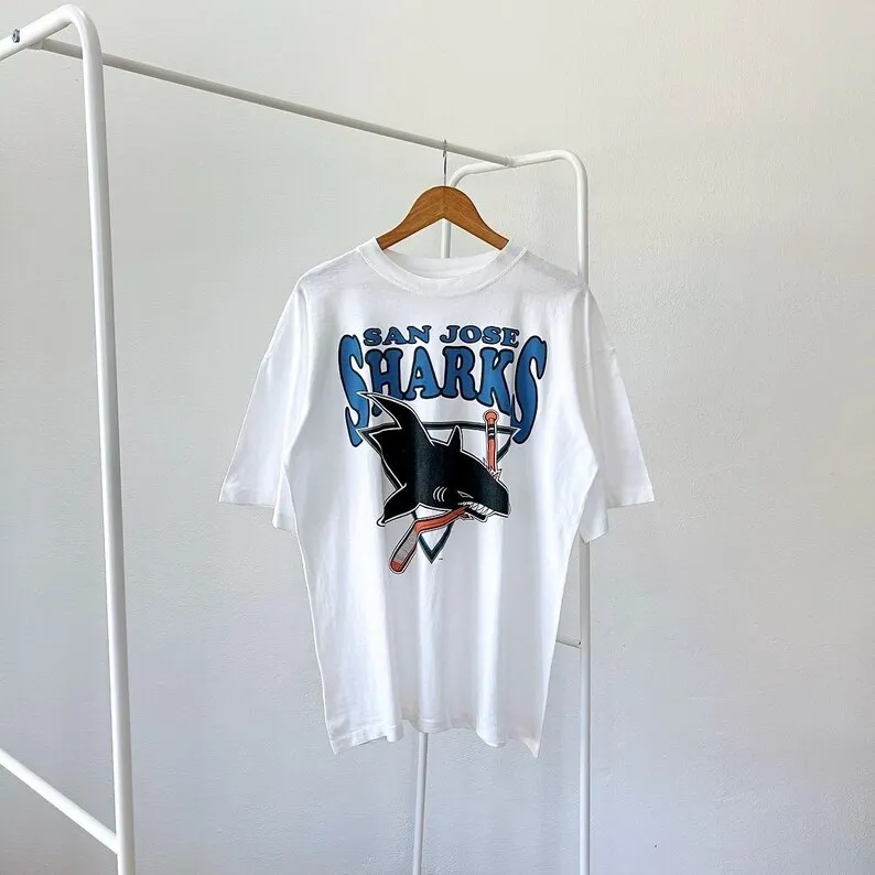 Camiseta Vintage de los San Jose Sharks de 1991, Color Negro, Reimpresión, Ropa Casual Holgada, Estampado de Algodón, Streetwear Unisex